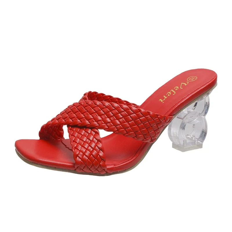Transparent Strange High Heels Sandals Women Summer 2021 Plus Size Weave Female Slippers Fashion Yellow Open Toe Slides