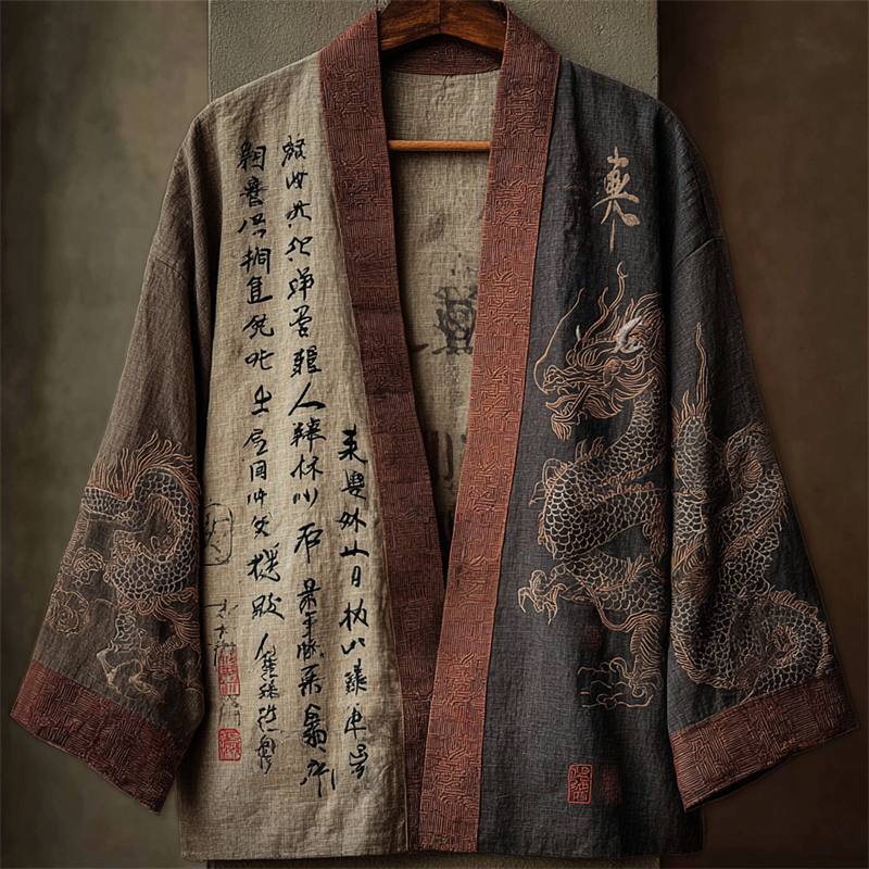 Japanese Dragons & Calligraphy Contrast Linen Kimono  artssus