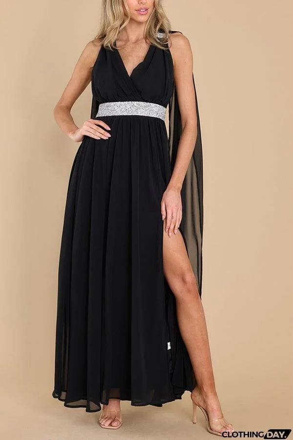 Double Ruffle Sleeveless Plunging Collar High Slit Dress