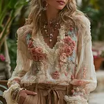 Women's Rose AppliquÉ Lace-trimmed V-neck Shirt - Image 2