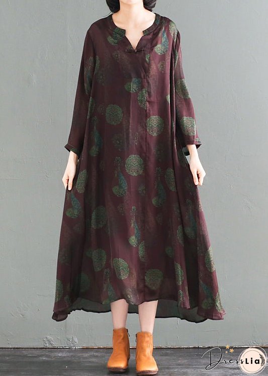 Women Oversized Chinese Button Print Silk Long Dress Fall
