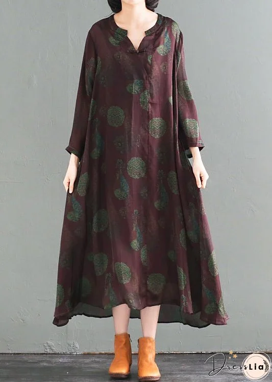 Women Oversized Chinese Button Print Silk Long Dress Fall