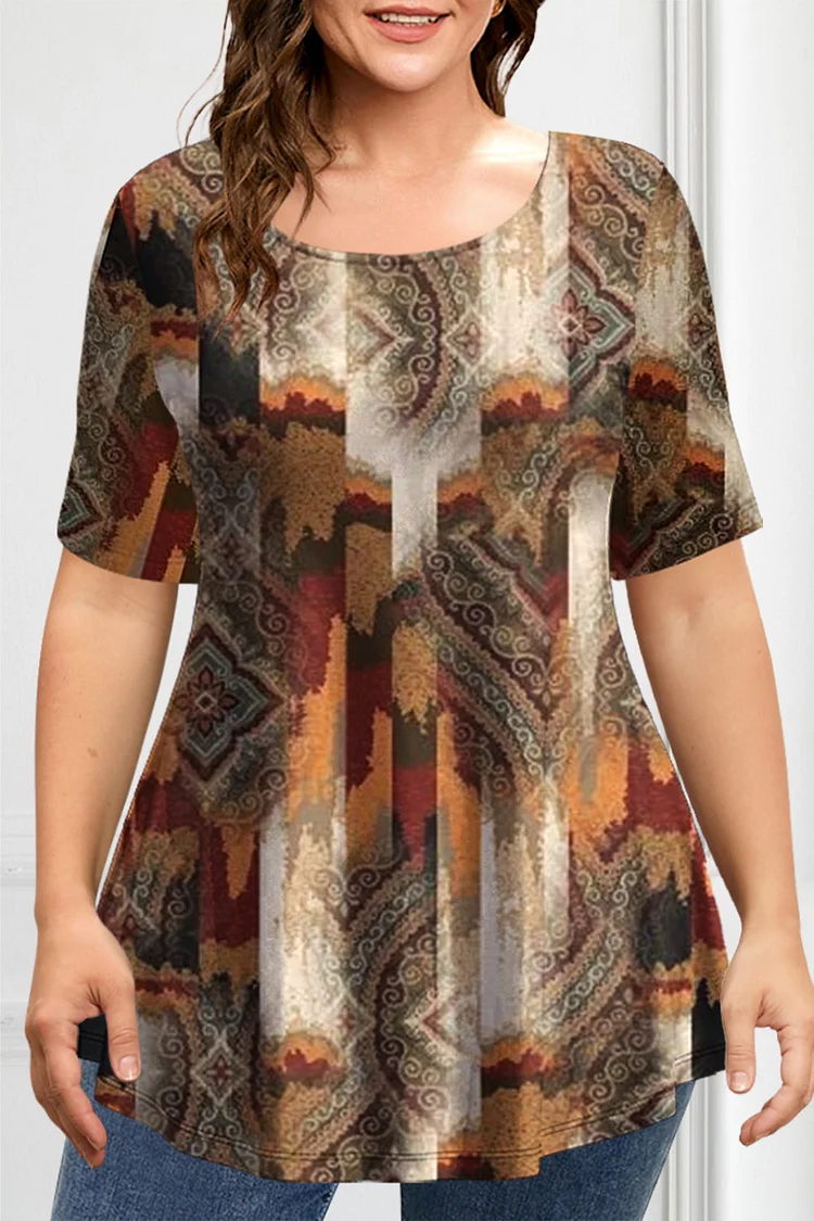 Flycurvy Plus Size Casual Brown Retro Tribal Print T-Shirt  Flycurvy [product_label]