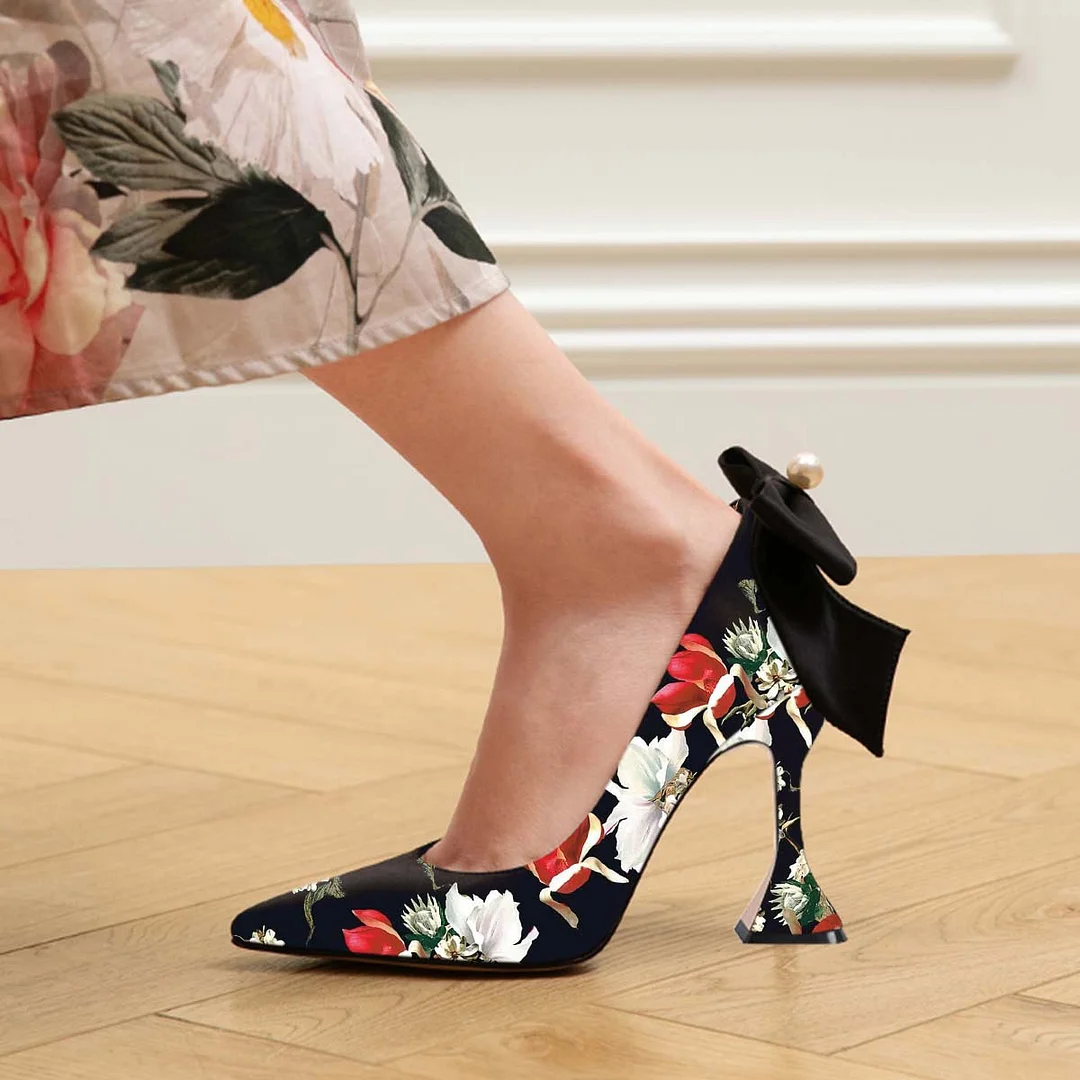 Multicolor Flower Pearl Bow Pointed Toe Flared Heel Pumps for Women