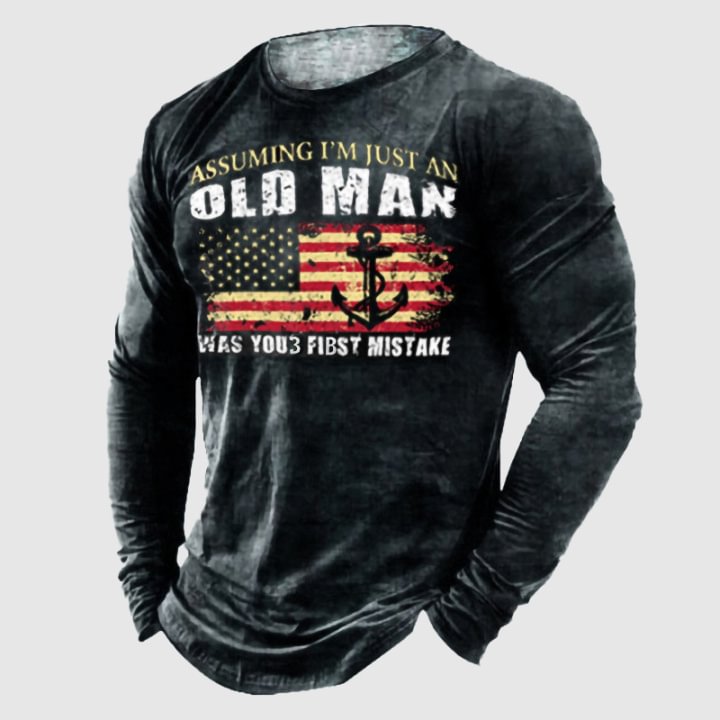 BrosWear Vintage Outdoor USA Flag Print Long Sleeve T-Shirt