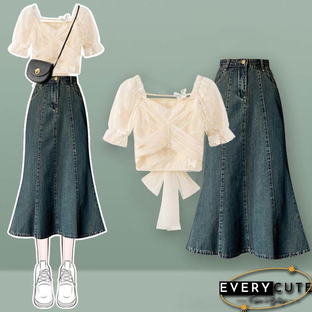 Bow Knot Butterfly Tulle Crop Top T-Shirt Fishtail Denim Skirt Two Pieces Set