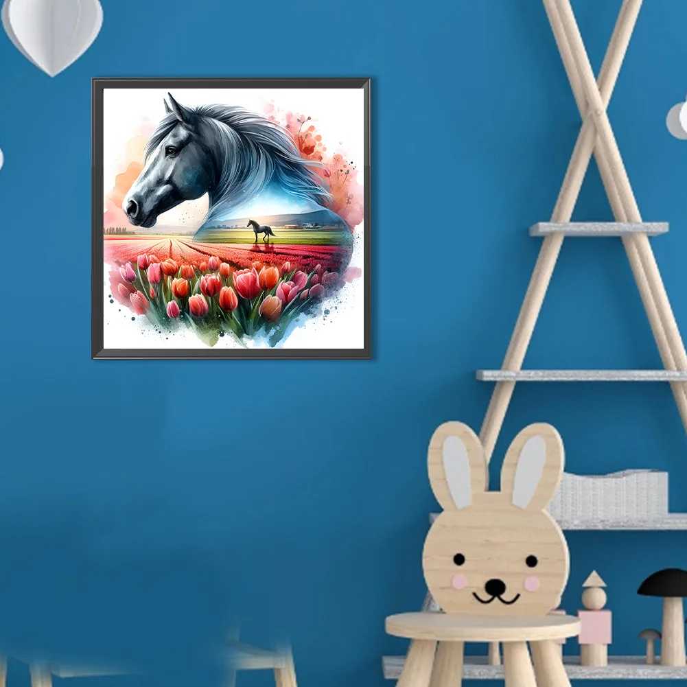 Diamond Painting - Full Round Drill - Tulip Horse Silhouettes(Canvas|30*30cm)