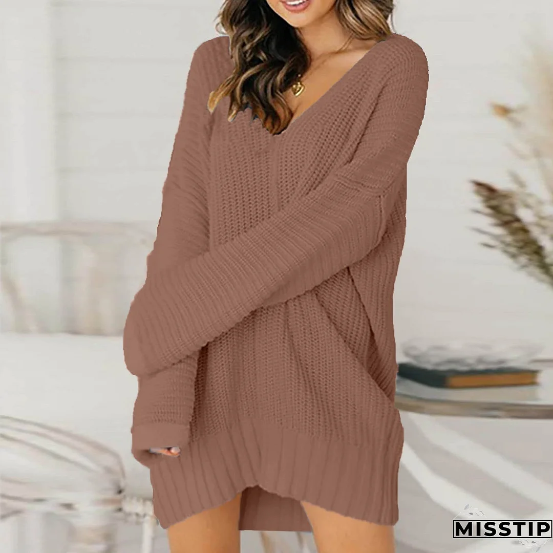 Fashion Loose V Neck Casual Solid Knit Sweater