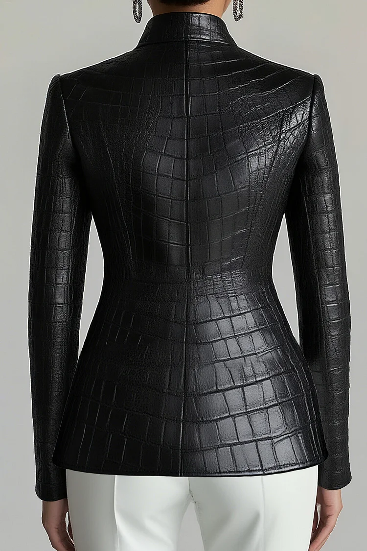 Plus Size Business Casual Black Crocodile Embossed Mock Neck Long Sleeve Casual PU Leather Jacket [Pre-Order]