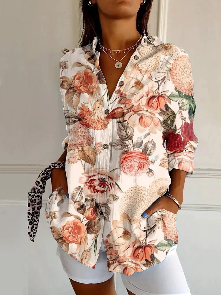 Vintage Floral Art Print Casual Long Sleeve Shirt