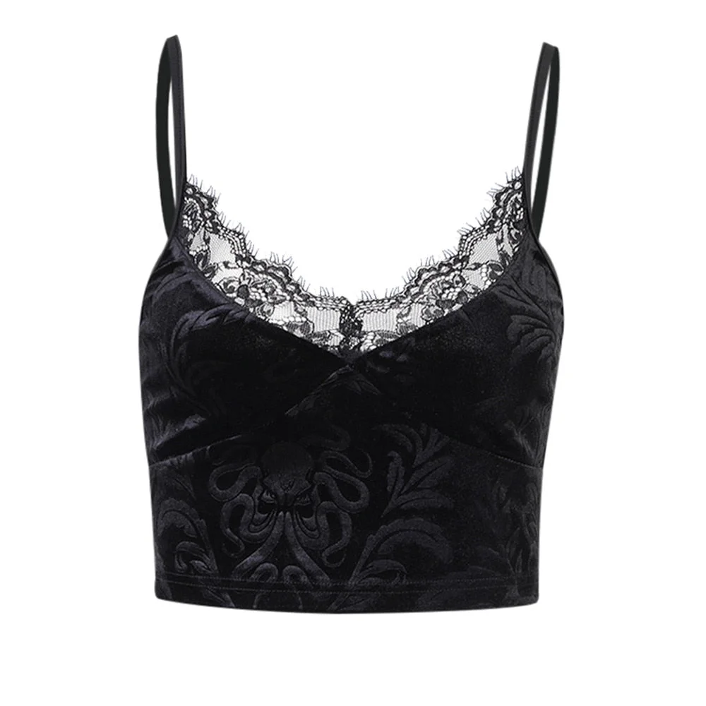 Summer Women Sexy Gothic Black Lace Trim Camis Casual Floral Embroidery V-Neck Sleeveless Crop Tops Nightclub Streetwear 2021