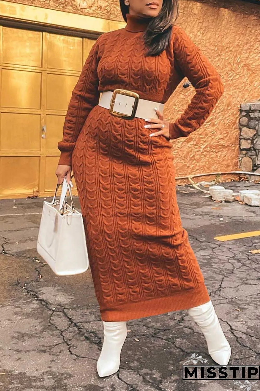 Light Brown Casual Solid Patchwork Turtleneck Straight Dresses(Without Belt)