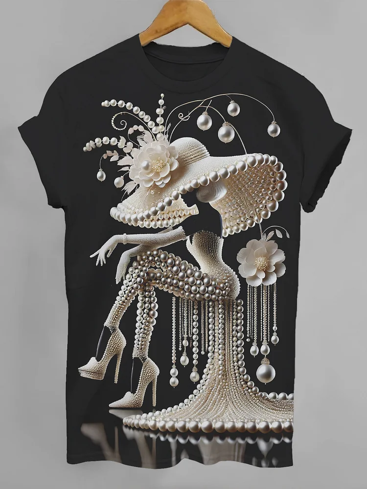 Women's Elegant Pearl Woman Art Print Casual T-Shirt