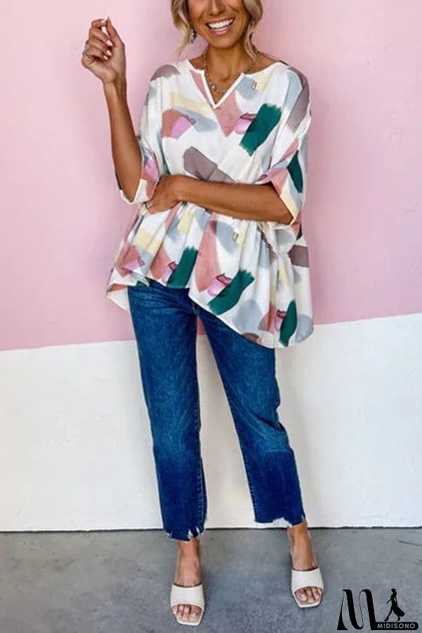 MidiSono - Print Cuffed Sleeves Peplum Blouse