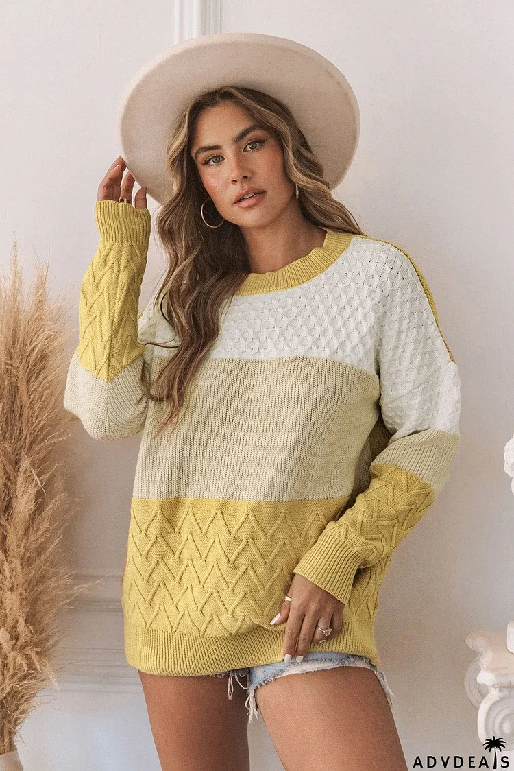 Khaki Color Block Patchwork Knit Sweater