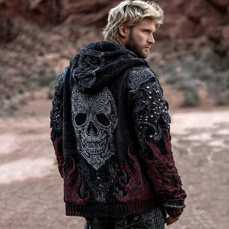 Men's Dark Style Skull And Flame Inspired Knitted Cozy Zipper Up Hooded Cardigan