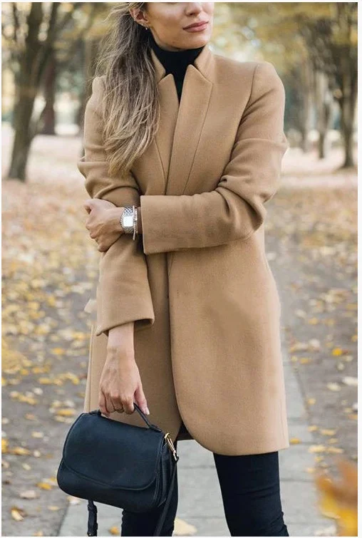 Fashion solid color stand-up collar woolen coat coat