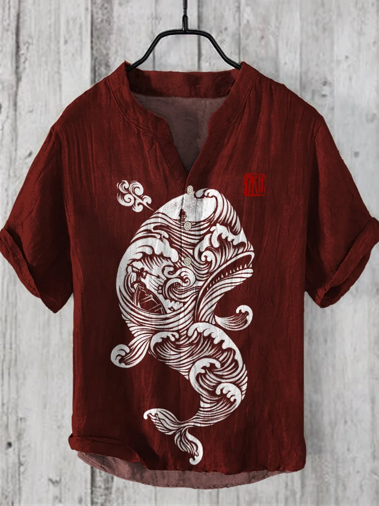 Japanese Wave Whale Print Linen V-Neck Shirt