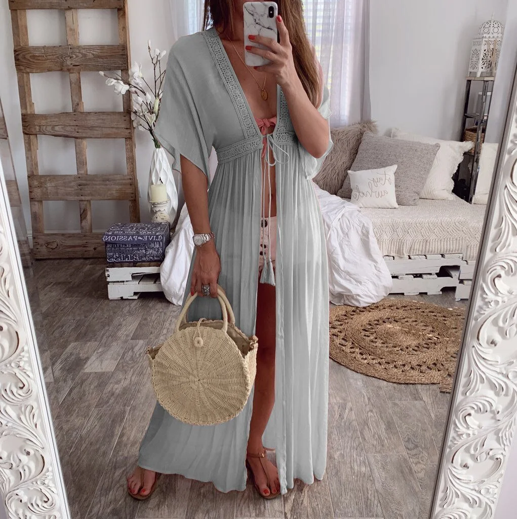 Beach Cover Up Long Cardigan Lace Up Swimwear Beach Dress