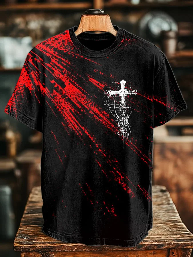 Men's Bloodstained Gothic Cross Print Crew Neck T-Shirt