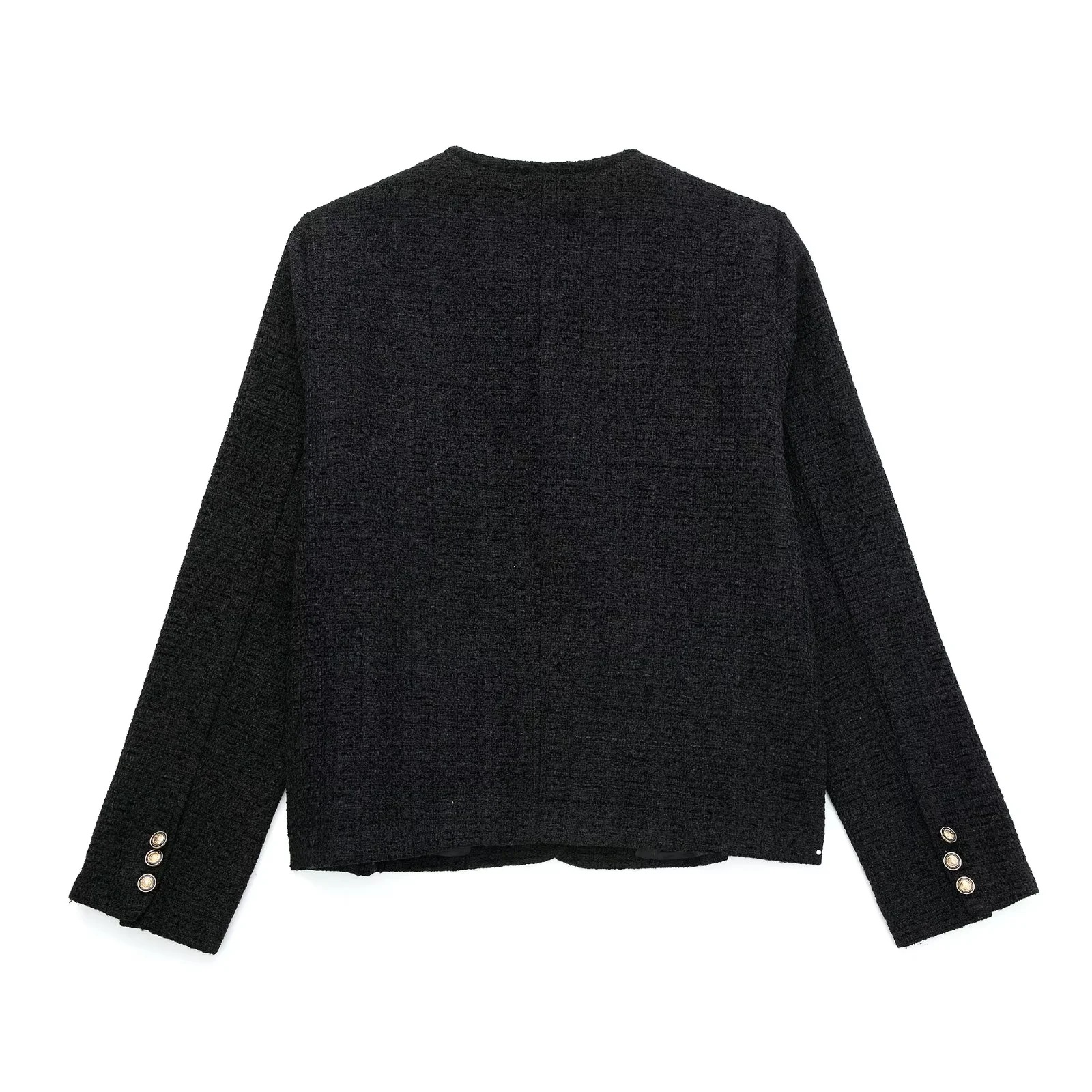 MERUMOTE Women's Classic Retro Metal Button Round Neck Tweed Mini Jacket-MERUMOTE