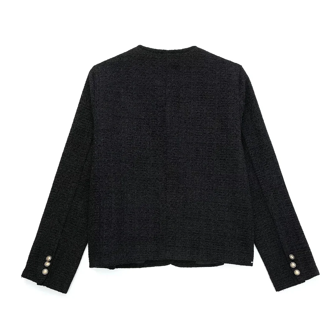 MERUMOTE Women's Classic Retro Metal Button Round Neck Tweed Mini Jacket-MERUMOTE
