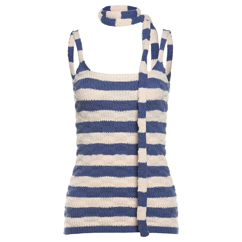Ueong Ueong Summer New Women's Pure Desire Wind With Neck Slim Knit Stripe Long Vest