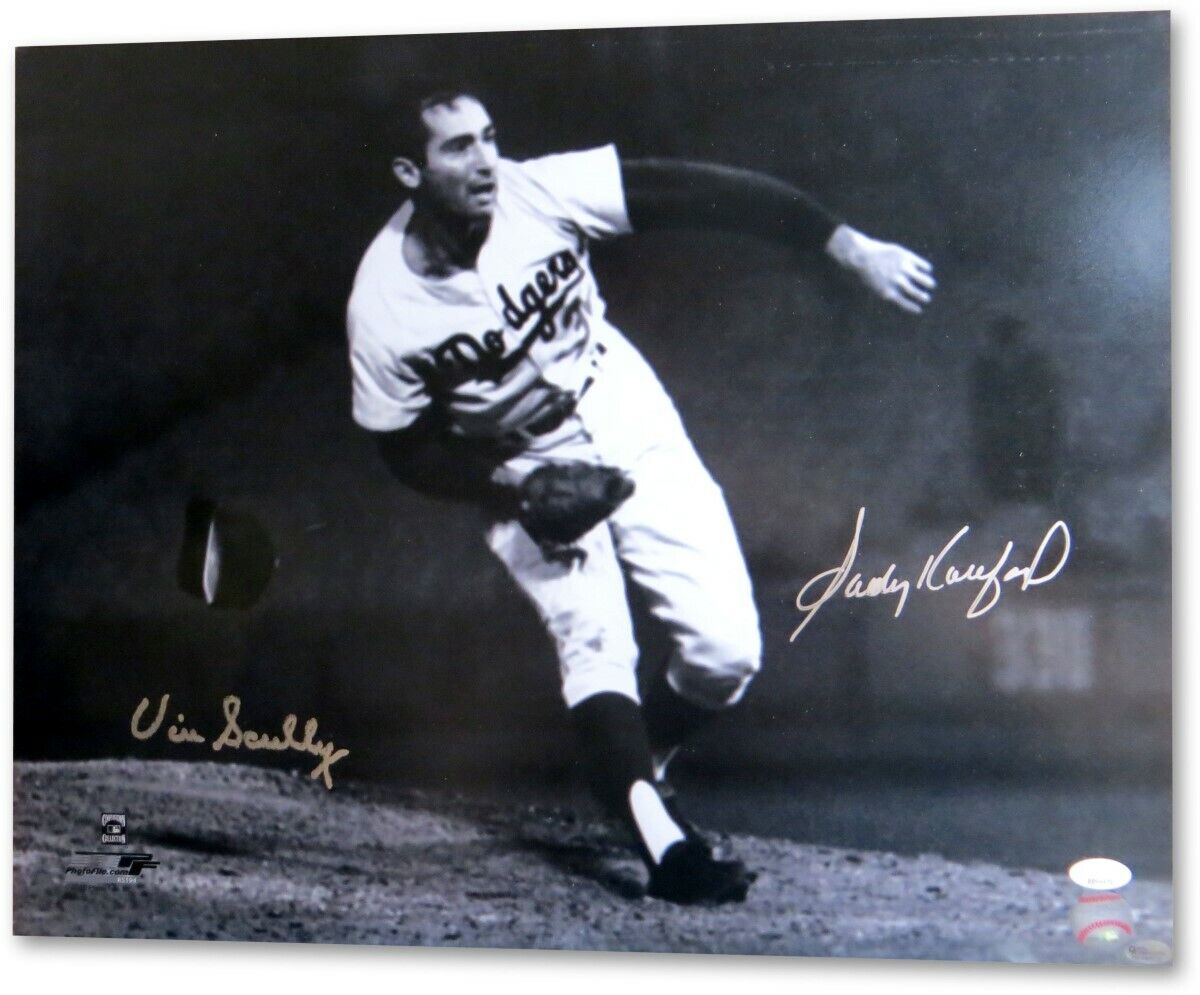 Vin Scully Sandy Koufax Dual Signed Autographed 16X20 Photo Poster painting Dodgers JSA BB94478