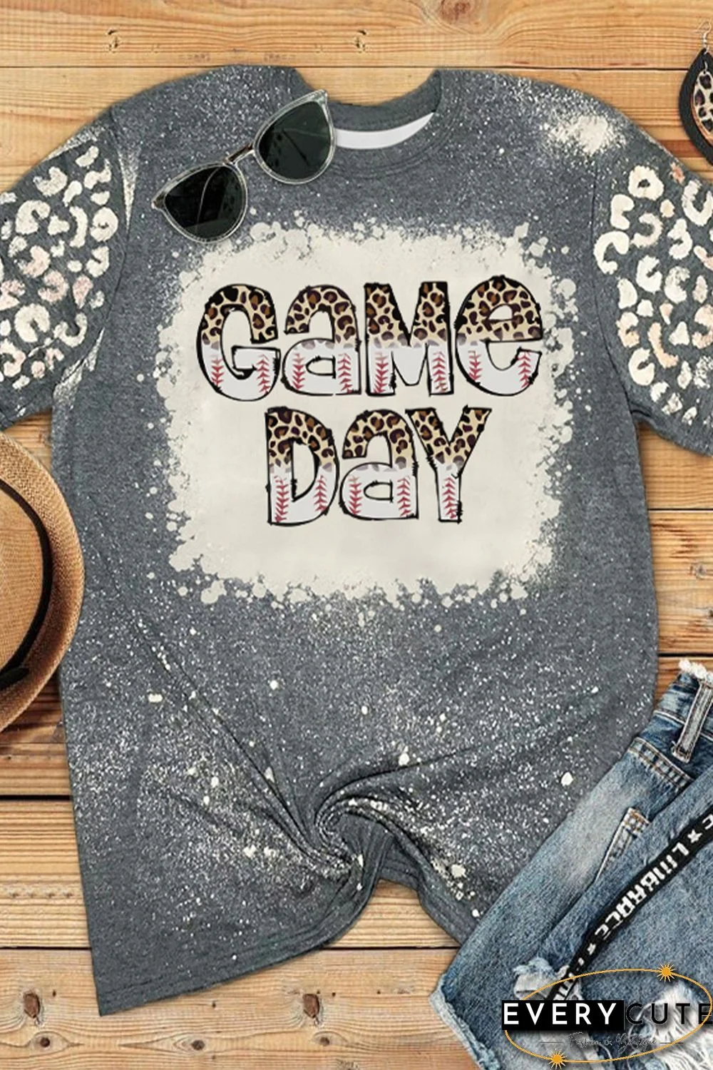 Gray GAME DAY Leopard Baseball Print Bleached Graphic T Shirt