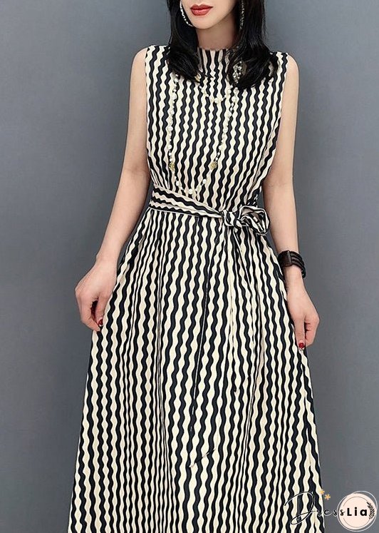 Slim Fit Stand Collar Striped Tie Waist Maxi Dress Summer