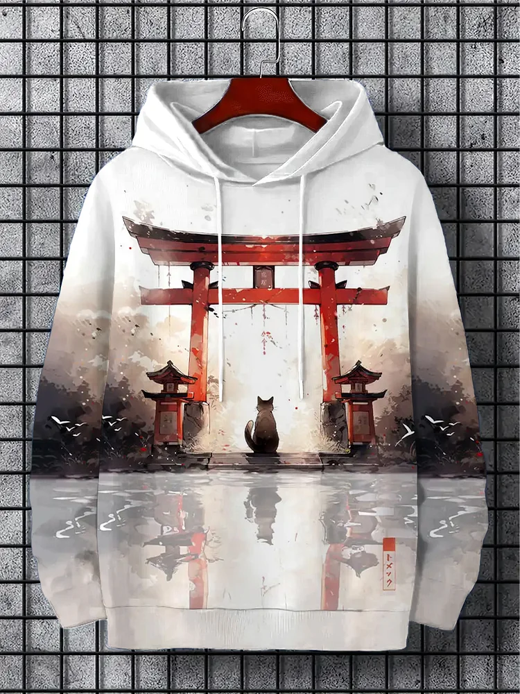 Men's Torii Cat Clouds Bird Japanese Art Print Casual Hoodie