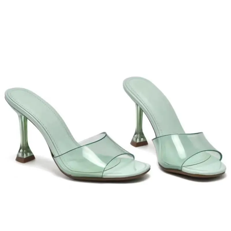 2021 Star Style Transparent PVC Crystal Clear Heeled Women Slippers Fashion High Heels Female Mules Slides Summer Sandals Shoes