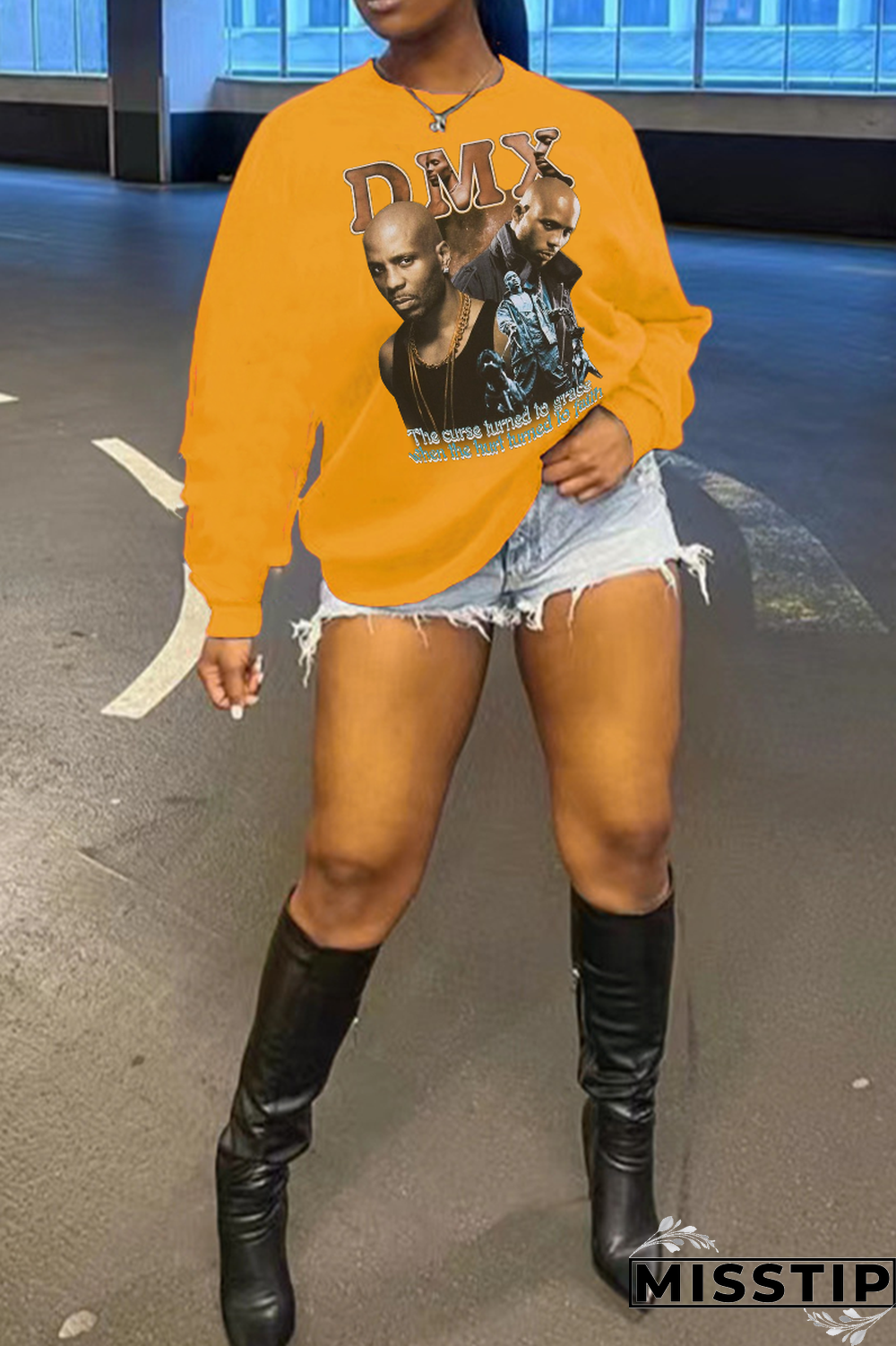 Blue Street Print Patchwork Letter O Neck Tops