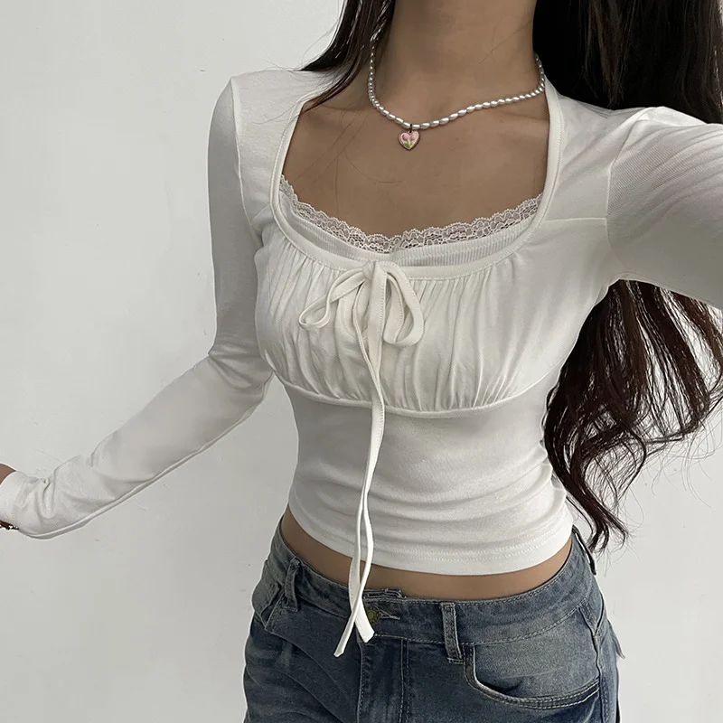 Wongn Lace Pleated Chest-Shaped Slim Long-Sleeved T-Shirt 2023 New Style