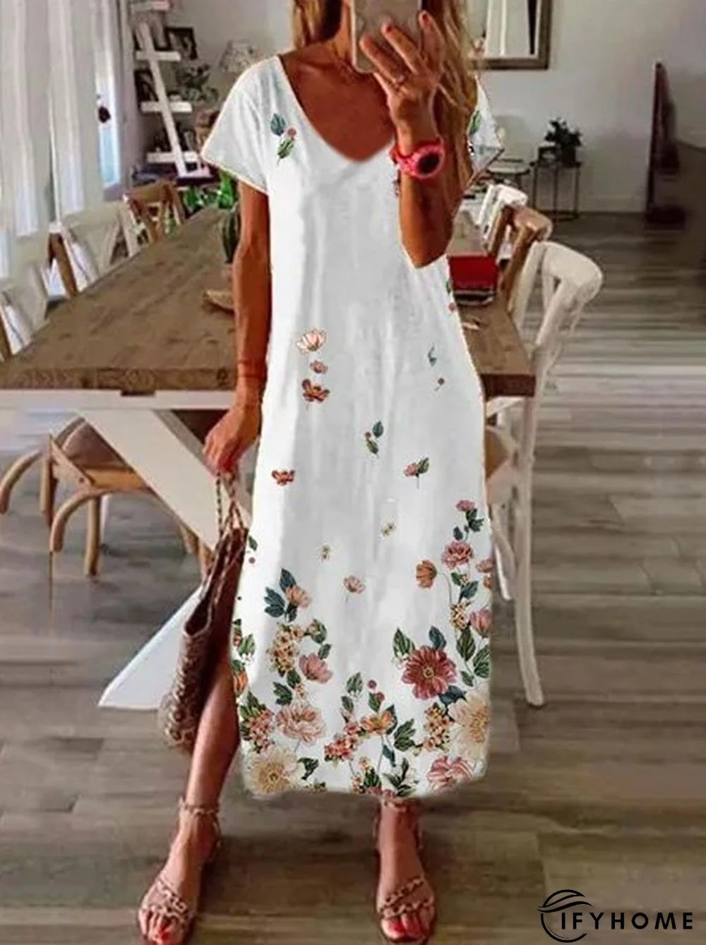 Floral-print Casual Short Sleeve V neck Knitting Dress | IFYHOME