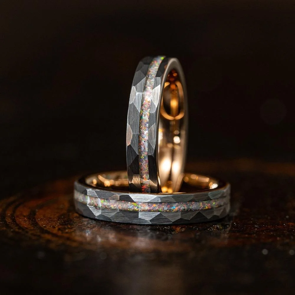 6MM Hammered Rose Gold Rings Pieces of Opal Tungsten Carbide Rings For Mens And Womens