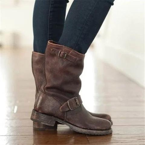 Adjustable Buckle Ankle Boots Block Heel Riding Boots -boots