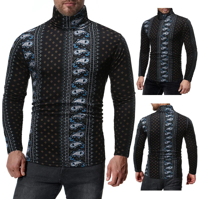 Autumn And Winter New European Size Men's 3d Christmas Ethnic Style High Collar T-Shirt