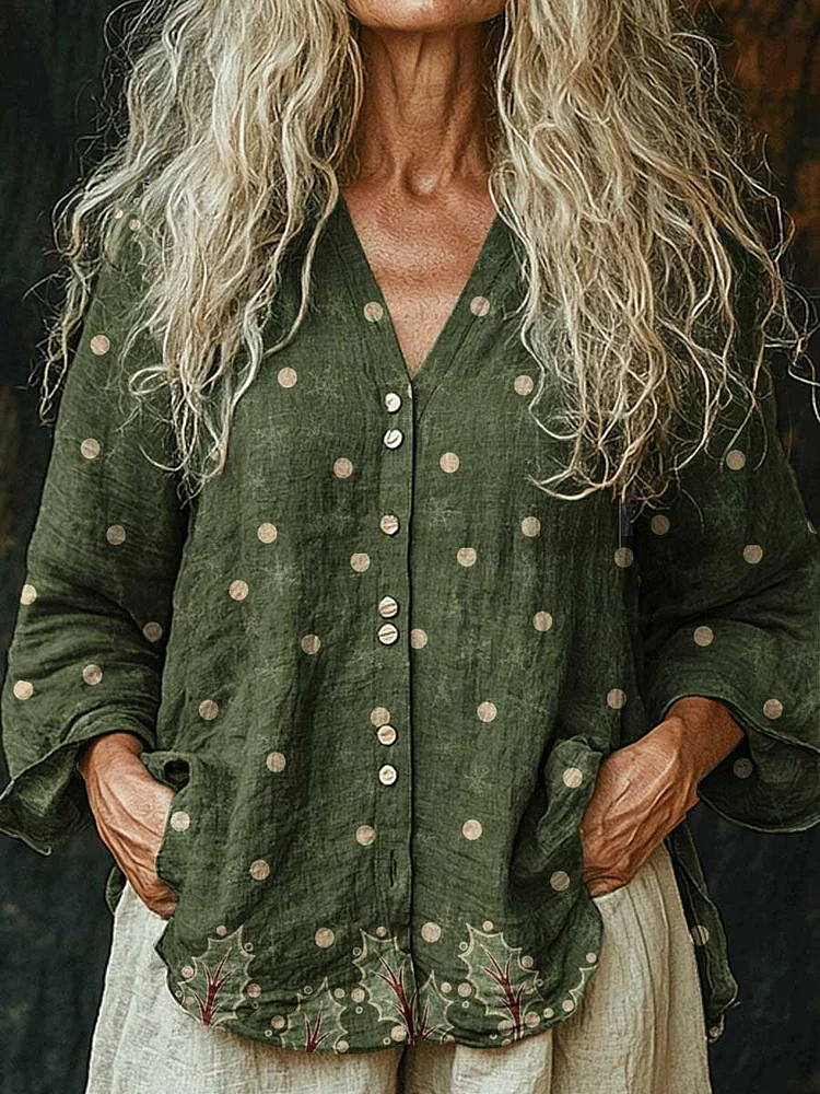Womens Christmas Polka Dot Pattern Long Sleeve Comfortable Cotton and Linen Shirt