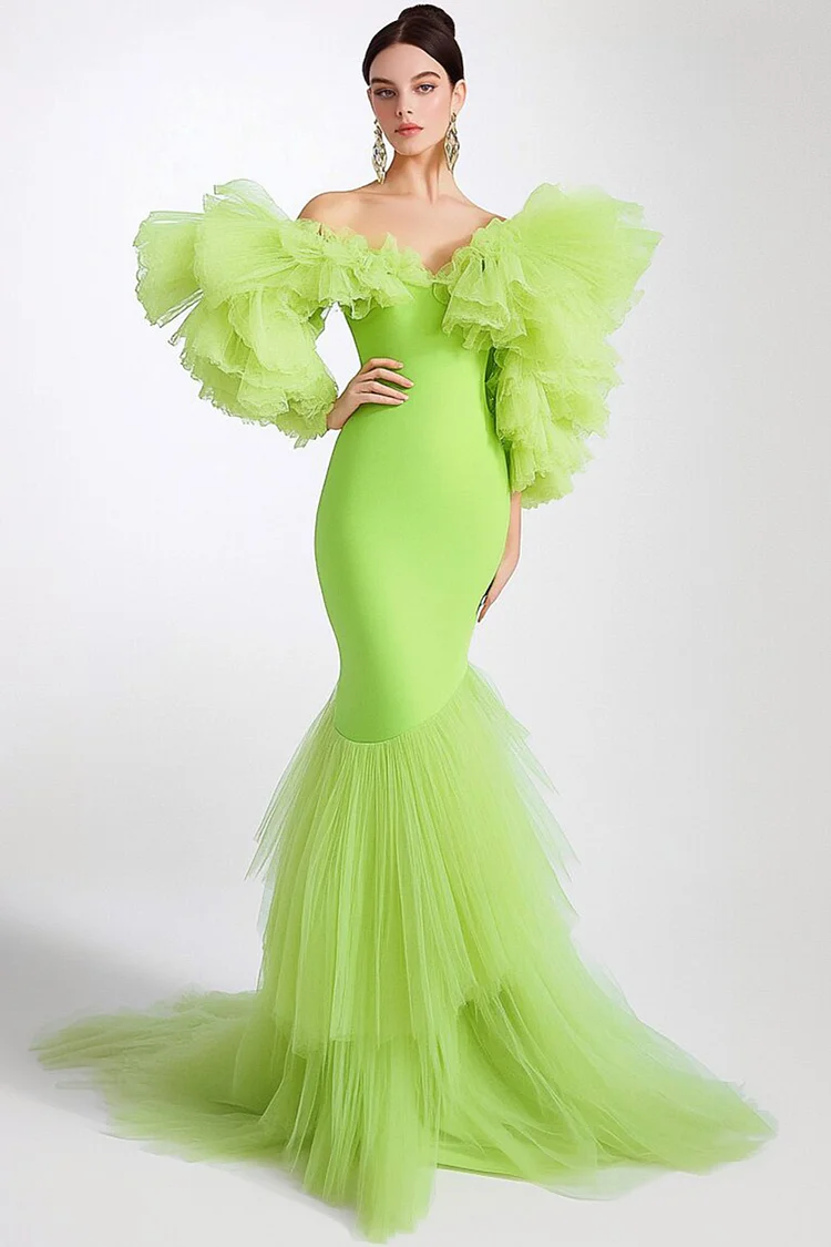 Off Shoulder Mesh Ruffle Sleeve Tiered Maxi Dress-Green [Custom-Made]