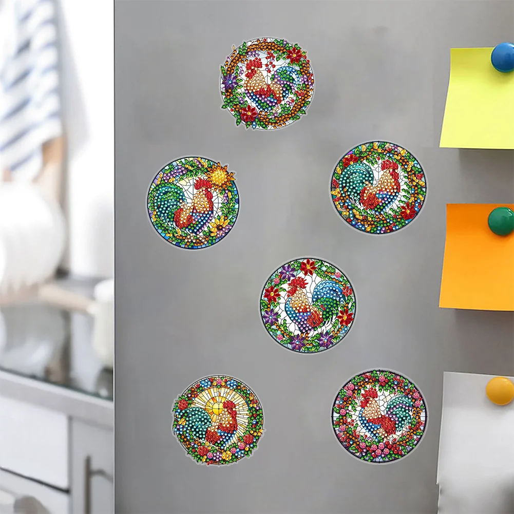  6 Pcs Rooster Diamond Painting Cartoon Fridge Magnetic Stickers