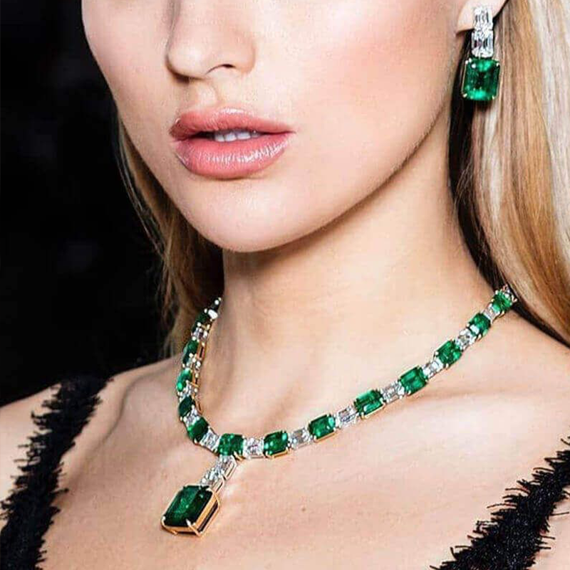 Vintage Emerald Earrings & Tennis Necklace Jewelry Set
