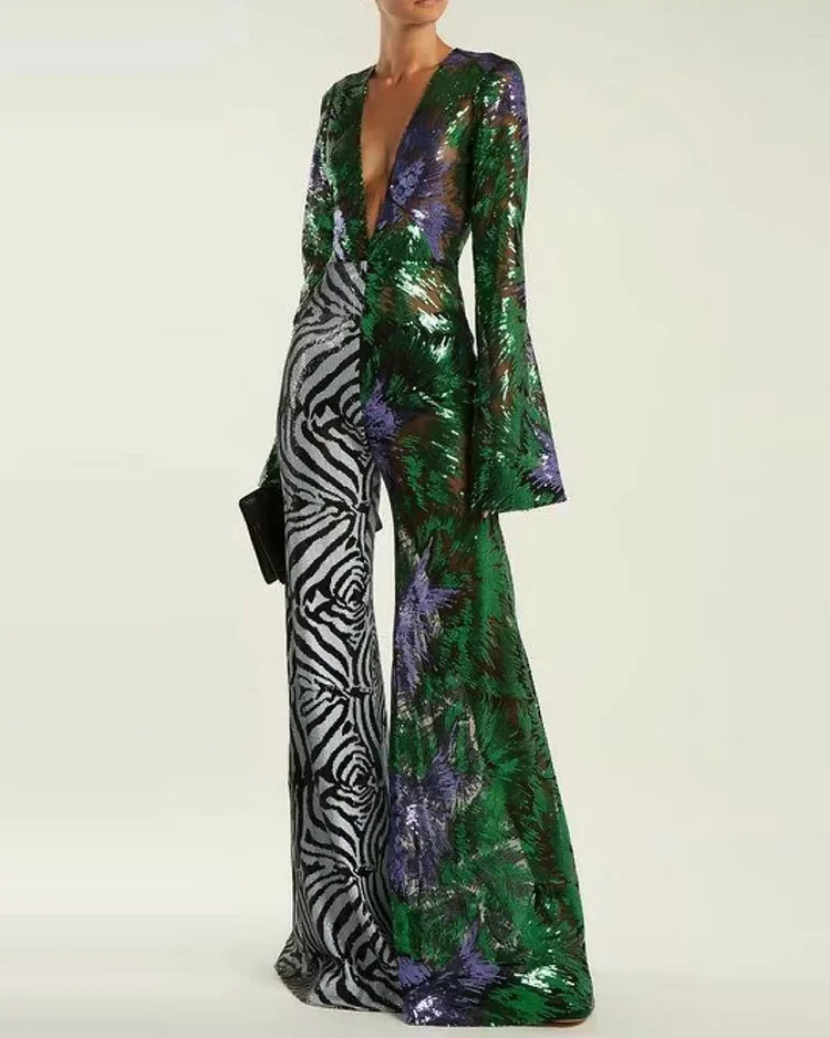 Elegant zebra colorblock sequin jumpsuit