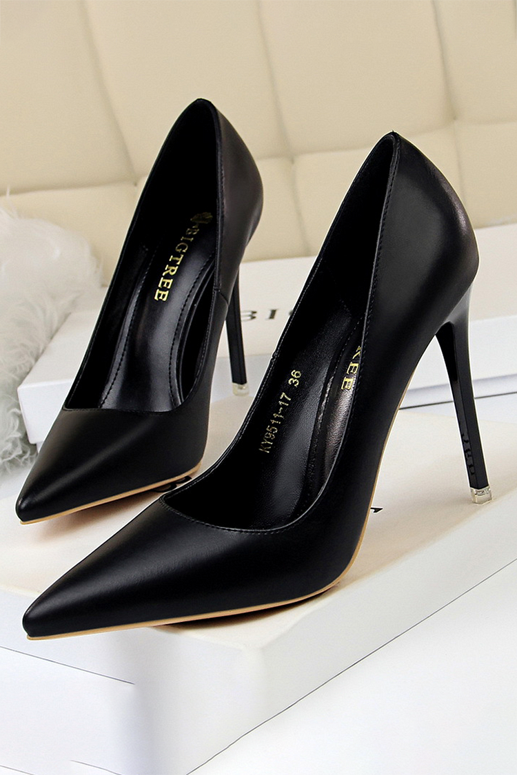 PU Leather Solid Color Pointy Toe Stiletto Heels-Black