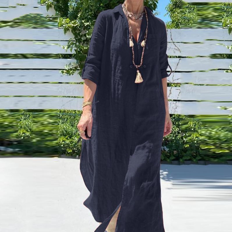 Mature Women Long Sleeve Beach Shirt Casual Summer Loose Cotton Tank Dress