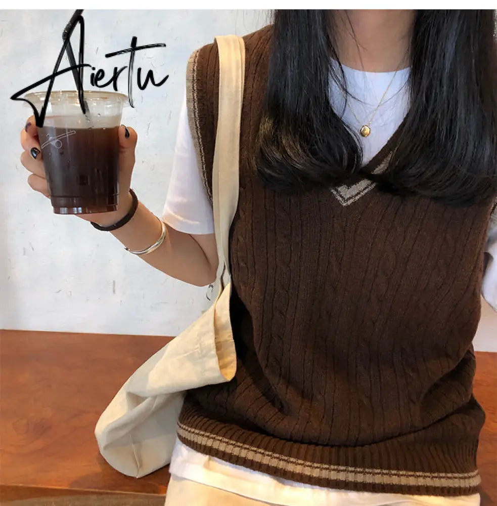 3 colors autumn and winter preppy style v neck knitted sleeveless vest sweaters womens pullovers womens (X973) Aiertu