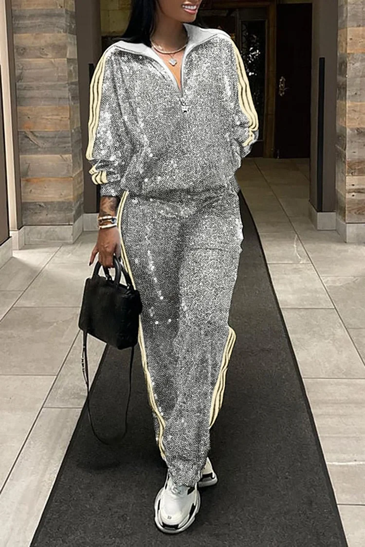 Plus Size Daily Pant Set Silver Sequin Zipper Long Sleeve Two Piece Pant Set 