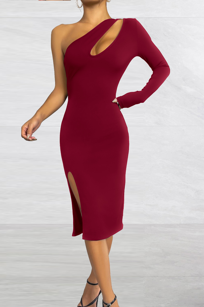 Red Sexy Solid Hollowed Out One Shoulder Pencil Skirt Dresses | EGEMISS
