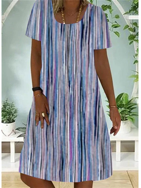 Women Short Sleeve Scoop Neck Striped Colorblock Midi Dress