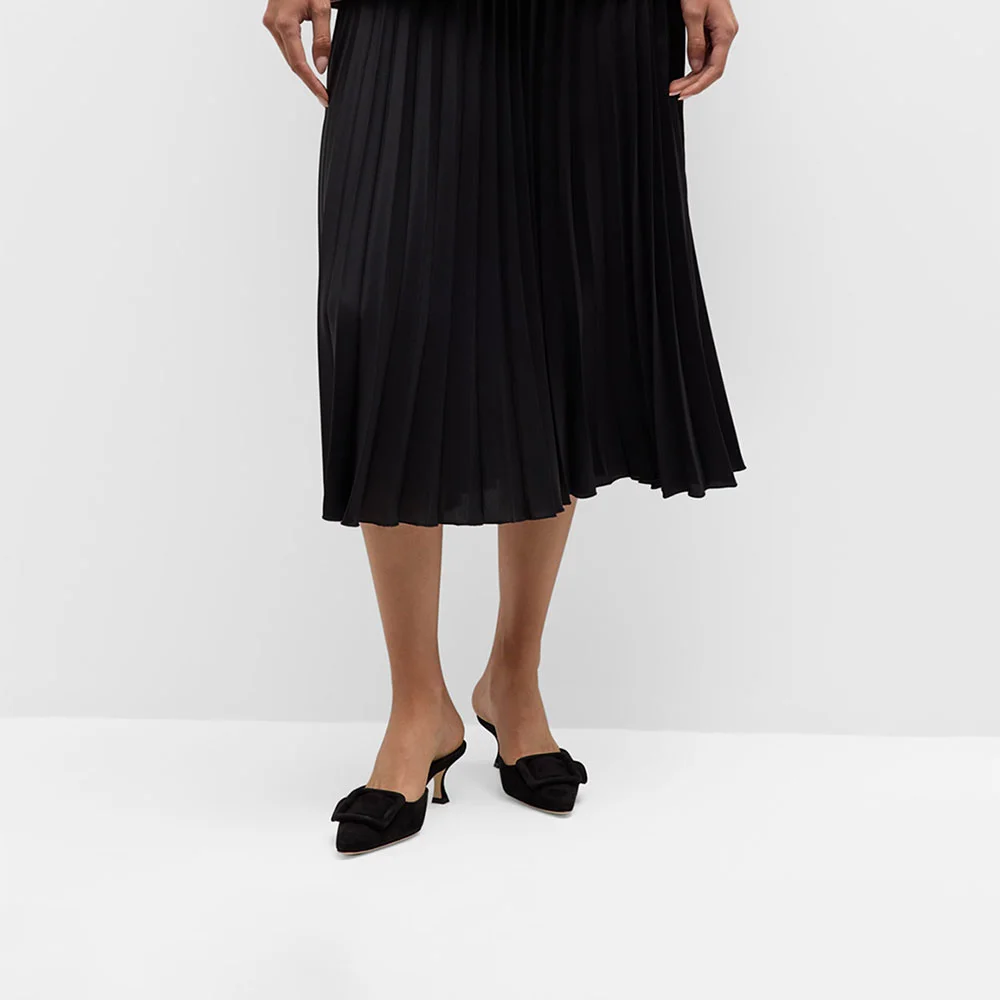 Black Vegan Suede Kitten Heel Slip On Pointy Toe Mules with Buckle